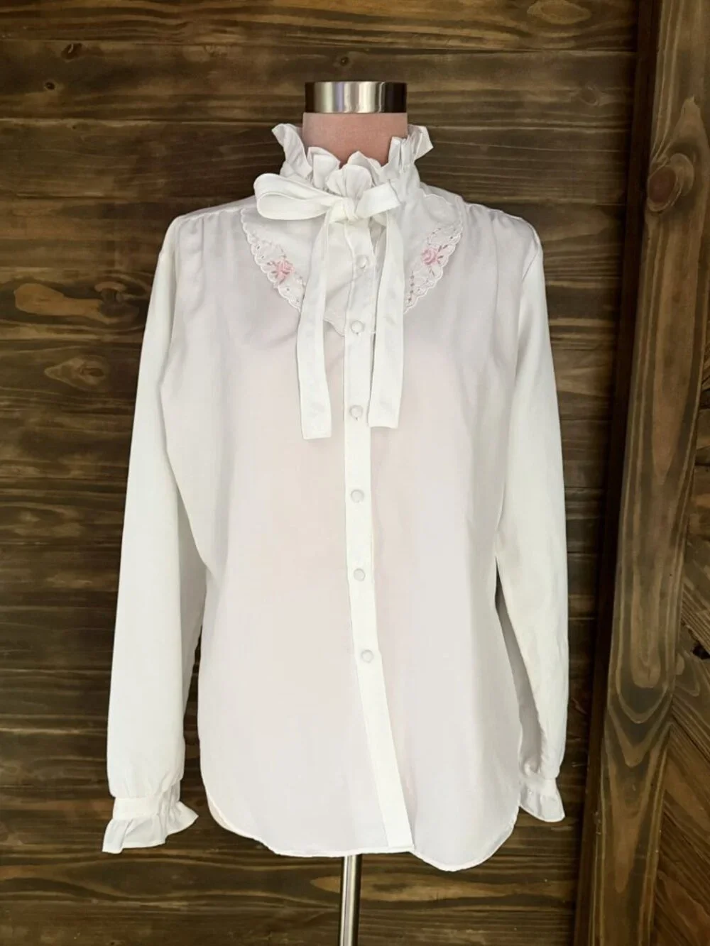Vintage Reigning Beauty Womens White High Collar Blouse Coquette Whimsy